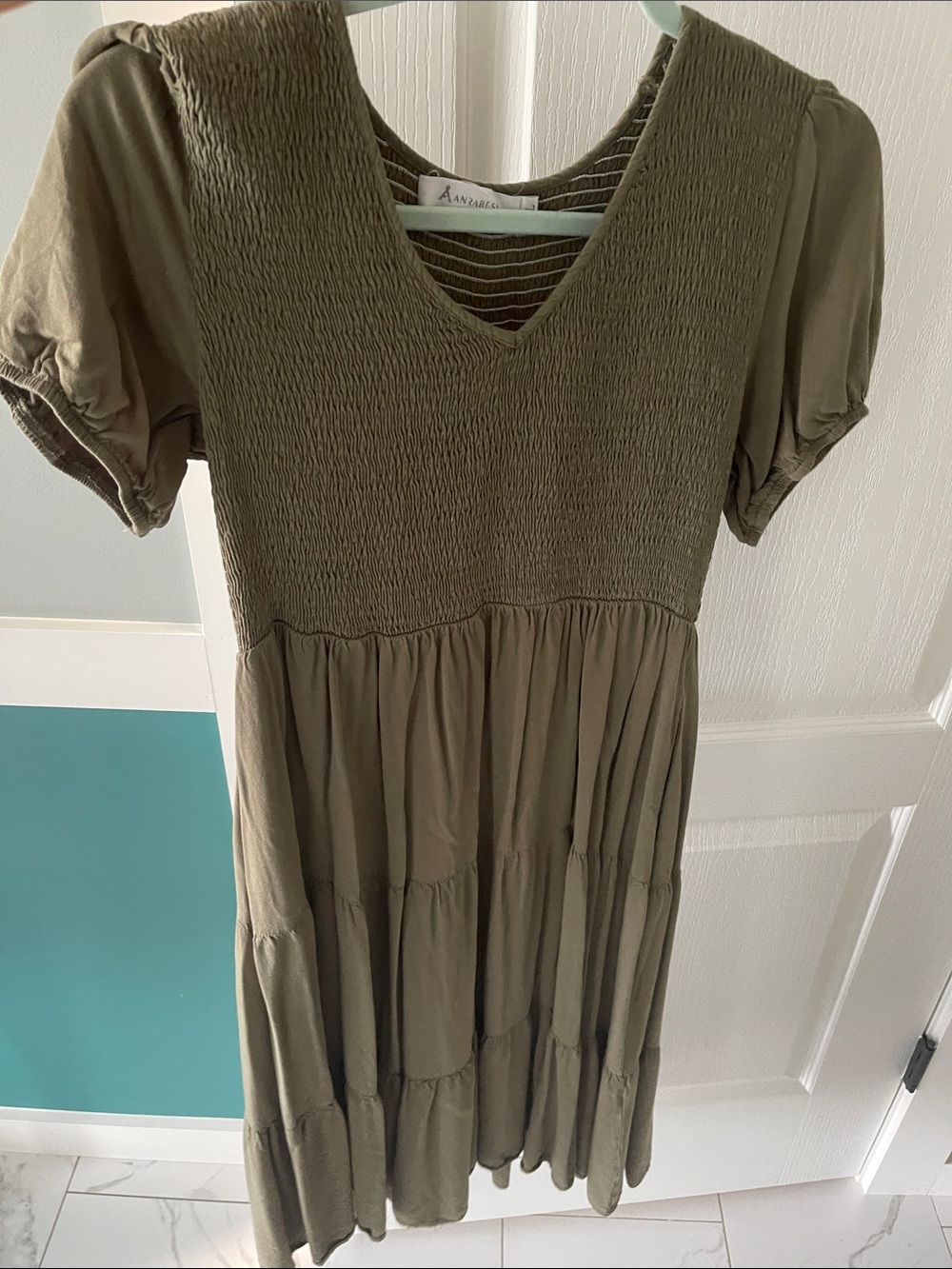 Smocked V-Neck Olive Tiered Midi Dress